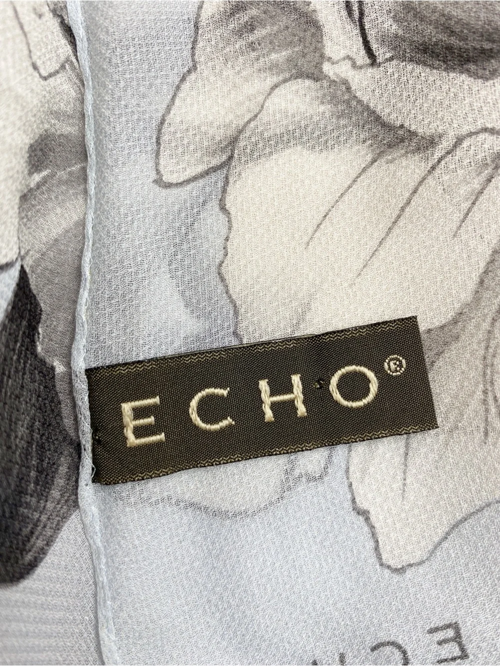 ECHO 100% Silk Light Blue Gray Floral Rose Print Long Fringe Scarf 65”X 10.75”